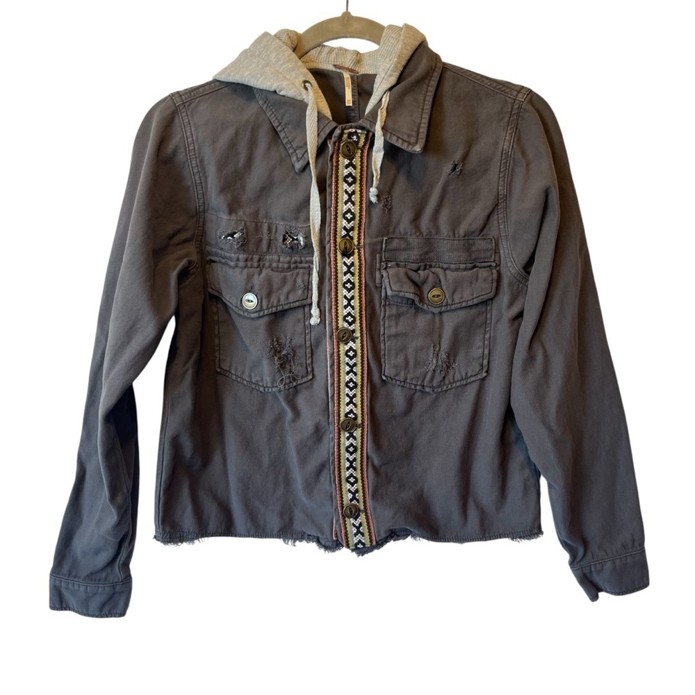Free People Utility Jacket Xs Gray Distressed Womens Hooded 100% Cotton Frayed